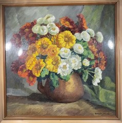 Sara Hess “Chrysanthemum”, Oil Paint On Canvas, Bright Yellows And Reds