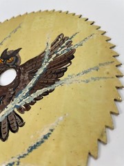 Owl in Tree Oil Painting on 6.5″ Circular Saw Blade Signed Ron Crooker ’94 MN