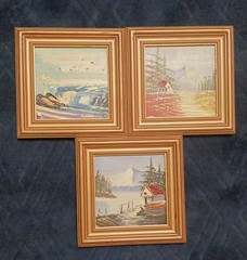 THREE VINTAGE 3″ MINIATURE IMPASTO OIL PAINTINGS ON BOARD BY M.L. EVANS 1997