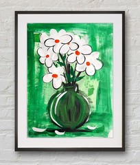 Original „White & Green Flowers – Set 1″ – Acrylic Painting 16×12“ Canvas Paper