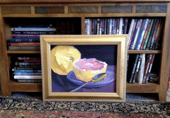 Pink Grapefruit Still Life Painting Acrylic on Canvas Board Framed Original
