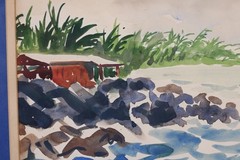 Vintage Coastal Scene With Rocks Ocean Watercolor Painting Signed Nancy M Kirk