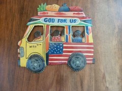 Signed Mario Normil Hand Painted Metal Haitian Bus Wall Hanging “ GOD FOR US“