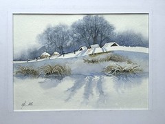 Minimalism Winters cozy shelter mountain holiday Christmas Original painting