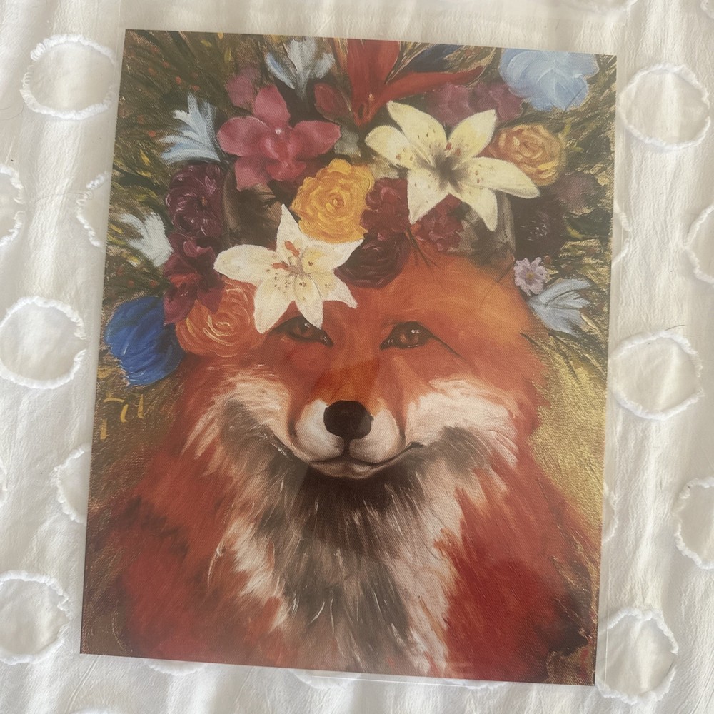 Original Oil painting art print 8 x 10 Fox with Flowers Sleeved Giclee Gift