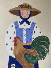 Linda Ragno Copper Oats Hand Painted French Folk Art Woman With A Chicken Signed