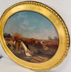 Antique Oil Painting French Farm Landscape Man Woman Impressionist 19th C SIGNED