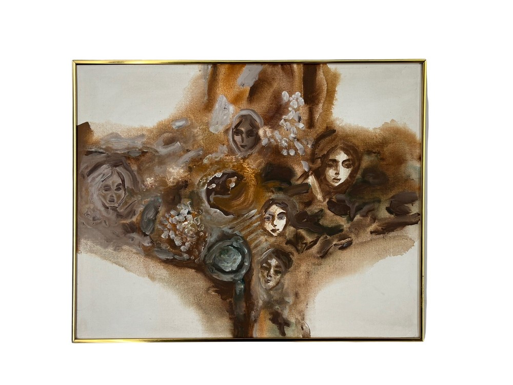MCM Mid-Century Vtg Abstract Signed Acrylic Painting Faces Heads 30″ x 24″