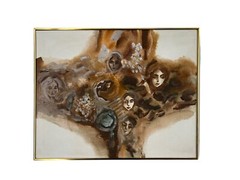 MCM Mid-Century Vtg Abstract Signed Acrylic Painting Faces Heads 30″ x 24″