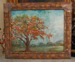 FRAMED OIL FRAMBOYAN ROYAL POINCIANA AND CUBAN COUNTRY SCENE ARTIST: HECTO VIDAL