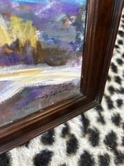 Original Signed Colorful Painting Landscape Church Expressionist, Vtg Wood Frame