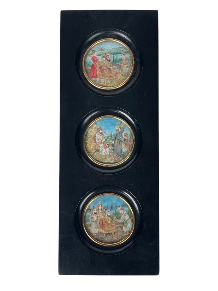 Lot Of Three 19th Century Indian Hand Painted Miniature Paintings Set In An Ebon