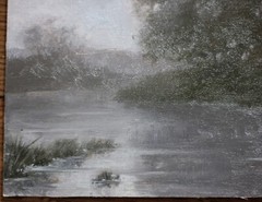 Landscape Oil Painting Canvas Board Tree River Country Gray Lake Art