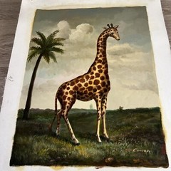 VTG Hand-Painted Giraffe & Palm Trees 15×19 Signed Original Artwork Zoo Animal