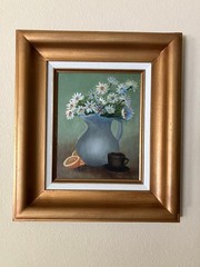 VTG MCM Wide Wood Picture Frame w/ Refurbished Liner & 1980’S 8 x 10 Painting