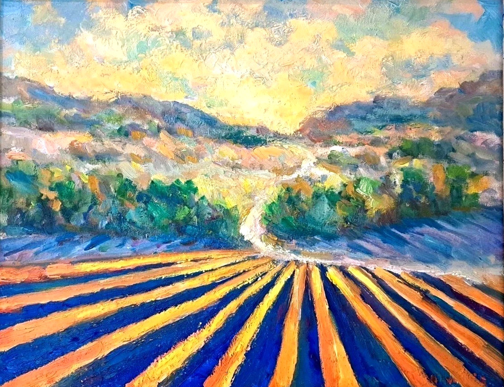 Oil Painting Sunrise Rows Lavender Fields Provence Original Framed by Donalee