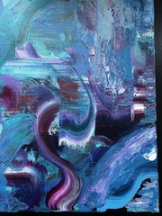 Cecil Signed Abstract Painting on Canvas Blue Purple Teal Burgundy, Unframed