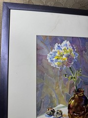 Grace Bracegirdle (1944 – 2023) „Quail Eggs And Carnations“ WC Painting – Framed