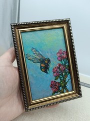 Bee Original Oil Painting 6×4 Framed Signed Bumblebee Floral Miniature Nature