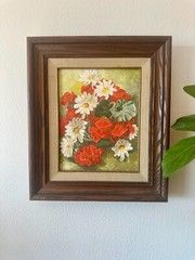 Vintage Original Framed Red, White, Green Daisy and Geranium Flower Oil Painting