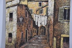 Vintage Original Art Painting Central European City Town Architecture Buildings