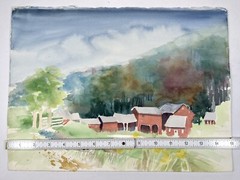 Red Barn Minimalist Art Watercolor Painting Rural Farm Scene 11×15” Country