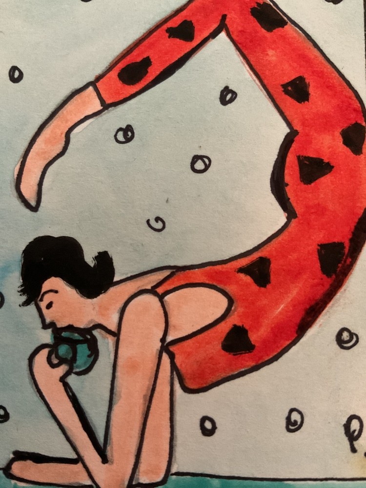 ACEO watercolor art by PJ, art card 2.5 x 3.5: morning coffee and exercise
