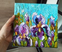 Flower Oil Painting Original Art Impasto Artwork Irisies on Canvas 20x20cm