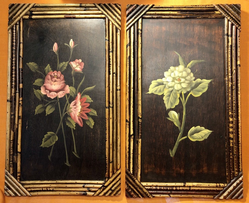 Retro Pair Mid Cent. TIKI BOHO Floral Oil Paintings Wood W/Bamboo Frames 12×20”