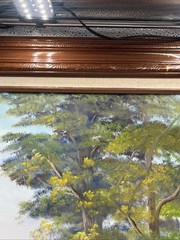 VTG FRAMED OIL ON CANVAS PAINTING Wooded Countryside River Scene Bob Ross Style