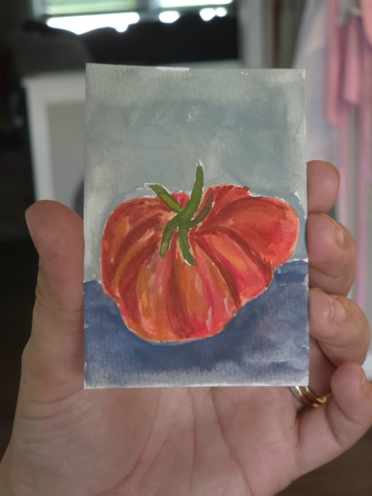 ACEO original Food Art Tomatoe Heirloom Garden Still Life Gouache 2.5″3.5″