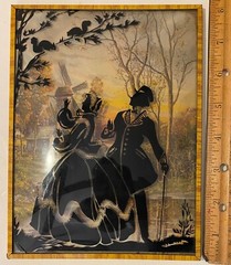 vintage Reverse painted Silhouette man – woman convex glass windmill 6×8 inch
