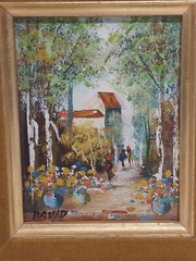 Vintage Oil Painting Signed David Gold Wooden Frame Street Scene Trees 4″ X 5″
