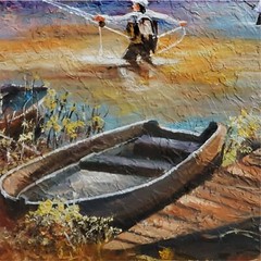 YARY DLUHOS Fly Fishing Anglers Sunset Lake Landscape Original Art Oil Painting