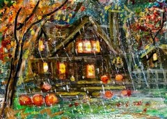 ACEO Original Painting TREE Autumn CABIN Rain Landscape FALL Pumpkins ATC ART