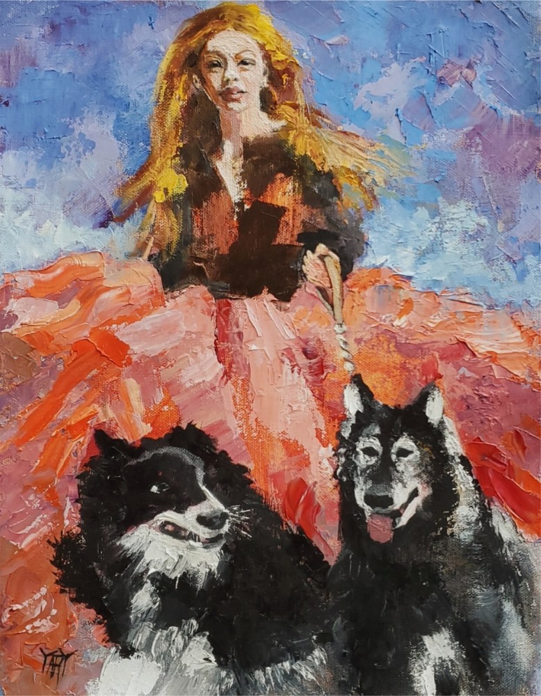 YARY DLUHOS Woman Girl Femme Figure City Dogs Walker Original Art Oil Painting