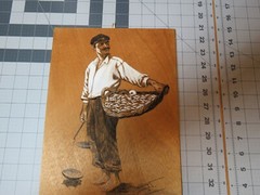 Vtg Original Oil Painting Man & Fish Baskt Signed Black White Drawing Wood Board