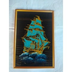 Black Velvet Art vintage Framed Sri Lanka Handmade Fabric Painting Sailing ship