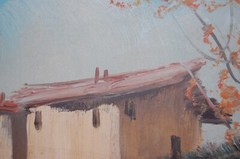 VINTAGE 1940-50’S FRAMED ORIGINAL OIL RUSTIC HOUSE AND RIVER SCENE ARTIST: FARID