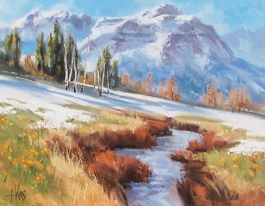 TOM HAAS painting ‚Promise of Spring‘ oil 11″x14″ Colorado mountains stream snow