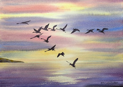 BERDS FLYING CLOUDY SKY Original Modern Arts Painting Landscape Gift Seascape A4