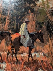 Framed Mark Ogle 1983 „Winter Base“ Oil on Masonite Cowboy Packhorse Western Art