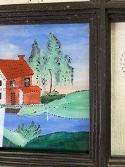 Vintage Painting on Glass Red & White House on Blue Stream with Trees 13″ x 11″