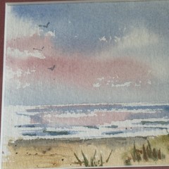 Watercolor Painting Pink Morning at the Beach Matted Framed Mary Cleveland NC