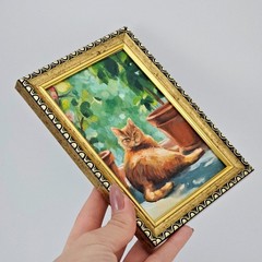 Original Oil Painting Ginger Cat Garden Flowers Pet Animal Art 4×6 Framed