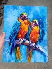 Macaw Birds Parrots impasto Oil Painting Original 18×14 Tropical Wall Artwork