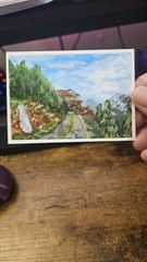 Aceo Atc Original Acrylic Mountain Landscape with Waterfall And Road