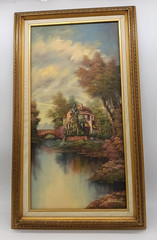 Vintage Gold Framed Oil Painting Cottage By Lake Signed M Webster 16.5X28.5″