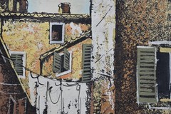 Vintage Original Art Painting Central European City Town Architecture Buildings