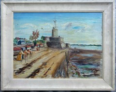 At Sea Coast Mediterranean Leutturm Beach Huts Oil Painting Antique Frame Pier